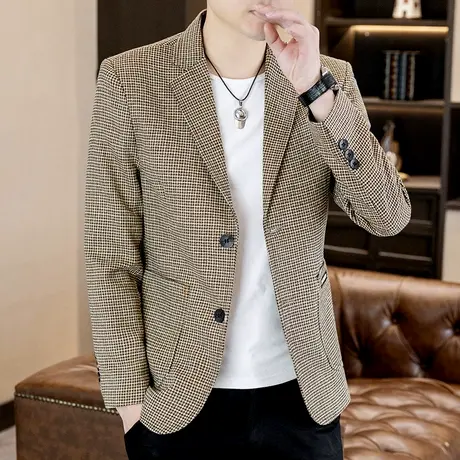 英伦千鸟格子单西服外套男士春秋季商务休闲小西装青年百搭上衣潮图片