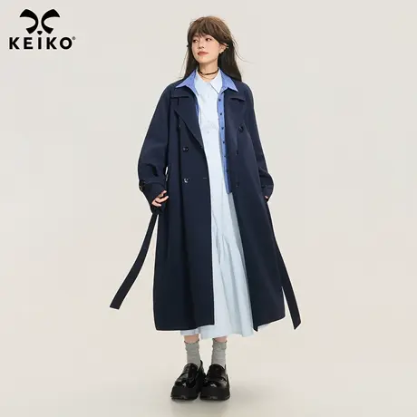 KEIKO 韩系条纹拼接中长款风衣25秋季知识分子西装领系带显瘦外套商品大图