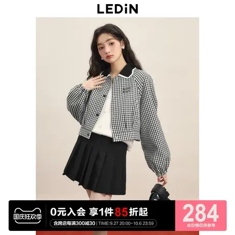 乐町甜美短款夹克2023春季女装黑白格纹短外套休闲肌理感图片