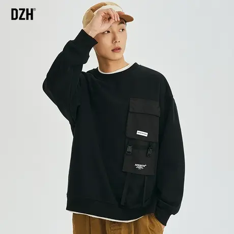 男士工装圆领卫衣男2023秋季新款运动套头衫春秋款黑色情侣装外套商品大图