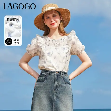 LAGOGO法式印花优雅泡泡袖上衣女拉谷谷夏季新款温柔荷叶边短袖商品大图