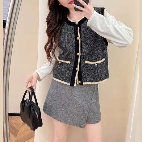 唐狮秋冬季女毛衣气质百搭圆领开衫马甲背心简约流行新款TM商品大图