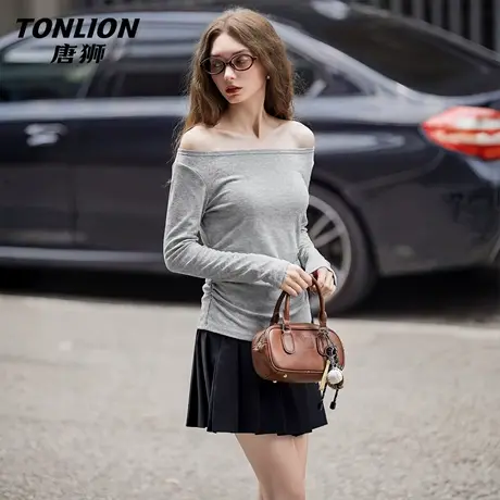 唐狮官方一字肩长袖t恤女2026新款春季法式小资气质露肩打底衫VC图片
