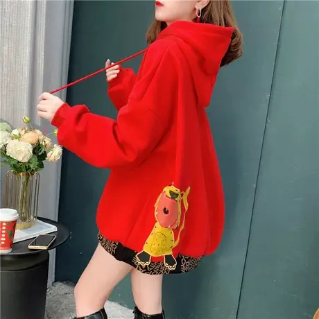 加绒加厚连帽卫衣女2021年秋冬新款洋气减龄宽松慵懒风设计感外套商品大图