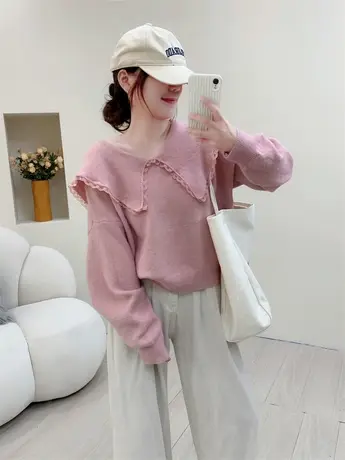 蕾丝边娃娃领软糯毛衣女2023年新款秋冬宽松日系甜美洋气减龄上衣商品大图