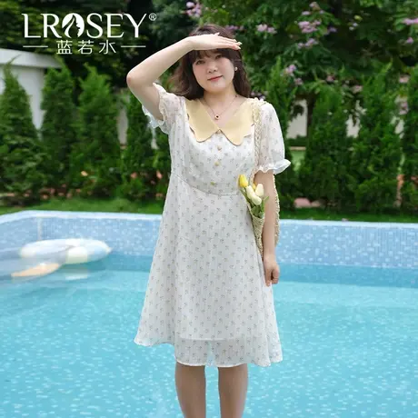 蓝若水大码法式高级雪纺中长裙女胖mm夏装别致翻领显瘦碎花连衣裙商品大图