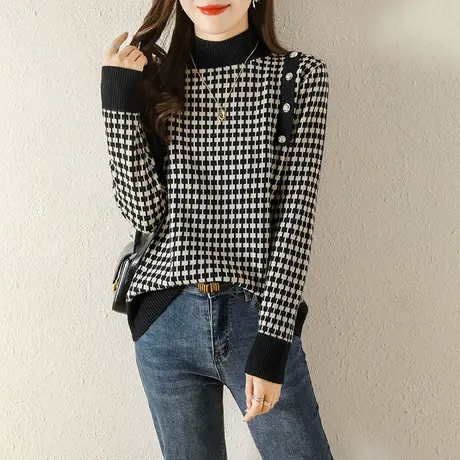 半高领毛衣女士秋冬季2023新款千鸟格子打底衫宽松上衣气质针织衫图片