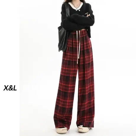 红格子休闲裤女春秋2023新款宽松直筒松紧腰抽绳软糯风阔腿拖地裤图片