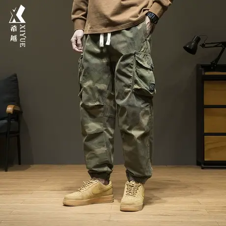 希越多口袋休闲裤子男士宽松大码美式潮牌迷彩工装裤秋冬款束脚裤商品大图