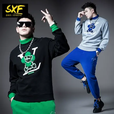 SXF圣希梵卫衣男冬季2021新款 高圆领上衣撞色潮刺绣宽松男士外套商品大图