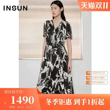 恩裳COVER2023年夏装新款时尚V领设计法式裹裙系带气质印花连衣裙图片