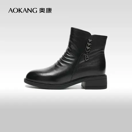 【门店发货】奥康女鞋 2023冬季新款真皮褶皱短靴时尚保暖妈妈靴图片