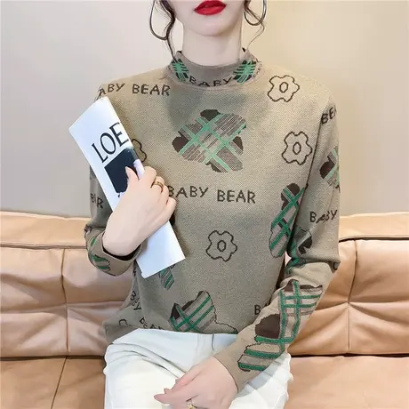 高级感半高领卡通提花修身毛衣女秋冬2023新款加厚针织打底衫上衣商品大图