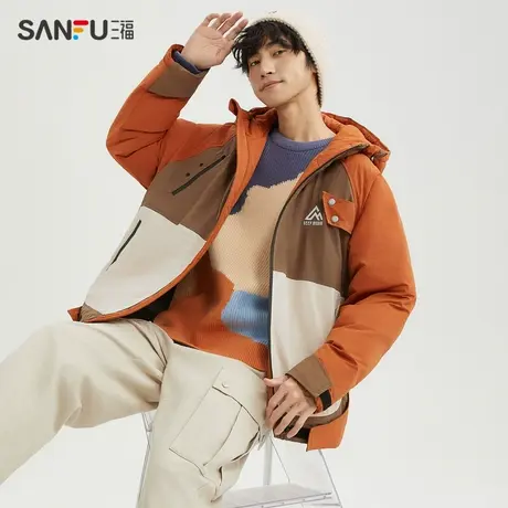三福2023冬男士山脉印花拼接撞色短棉衣 宽松连帽外套男478029商品大图