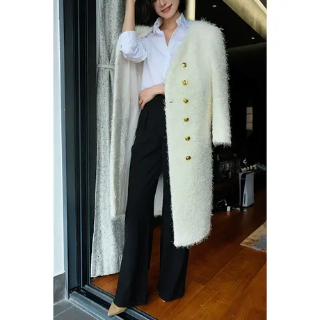 2023秋冬新款高级感气质百搭亮丝粗花呢肌理双排扣羊毛大衣风衣女图片