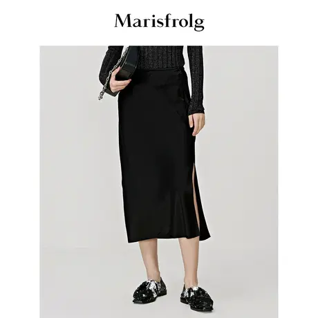 【商场同款】玛丝菲尔半身裙秋季新款黑色缎面醋纤侧身开叉半身裙图片