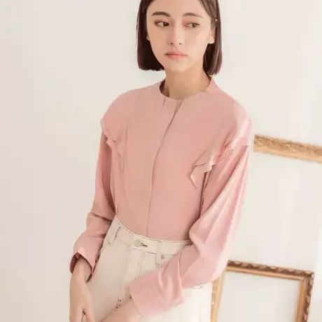 桔熊秋季设计感立领荷叶边衬衫纯色长袖上衣女胖妹妹大码AB17597商品大图