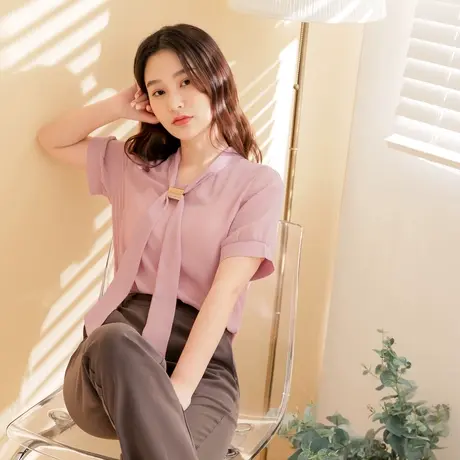 桔熊夏季通勤纯色气质飘带领短袖雪纺衫不易皱上衣女大码AB6472商品大图