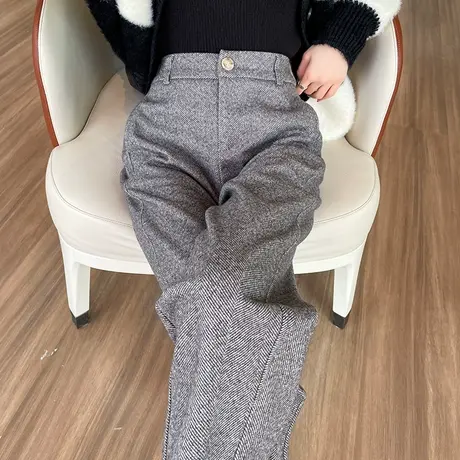 直筒毛呢西装裤女冬季新款高腰显瘦萝卜九分小个子加厚哈伦休闲裤图片