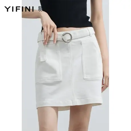 Yifini/易菲2023夏季新款防走光口袋白色牛仔裙半身裙短裙A字裙图片