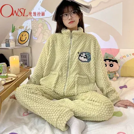珊瑚绒秋冬季睡衣女加绒加厚家居服可爱卡通套装商品大图