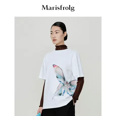 【艺术家联名】玛丝菲尔2023年夏季新款白色时尚蝴蝶印花短袖T恤商品大图