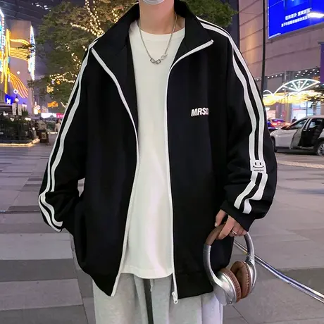 港风复古国潮卫衣男春秋季新款条纹休闲拉链开衫宽松运动夹克外套商品大图