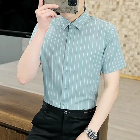 竖条纹短袖衬衫男士夏季薄款弹力免烫衬衣商务休闲百搭寸衣衫夏装商品大图