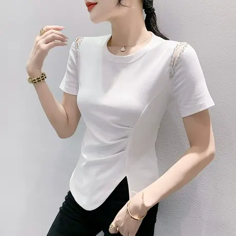 个性开叉短袖T恤女2023夏装新款心机镂空小衫时尚修身开叉上衣潮商品大图