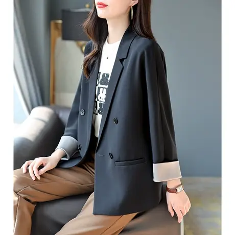 宝诗黎双排扣女士黑色西装外套女2024春新款时尚宽松上衣职业西服图片
