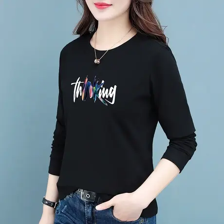 恋上17号纯棉长袖t恤女2023年秋新款宽松洋气中年妈妈内搭打底衫商品大图