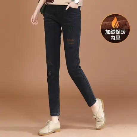 韩潮袭人松紧腰字母刺绣加绒牛仔裤女2023冬装新款百搭显瘦哈伦裤商品大图