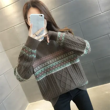 复古提花圆领套头麻花毛衣女2023年秋冬新款女装宽松针织打底上衣商品大图