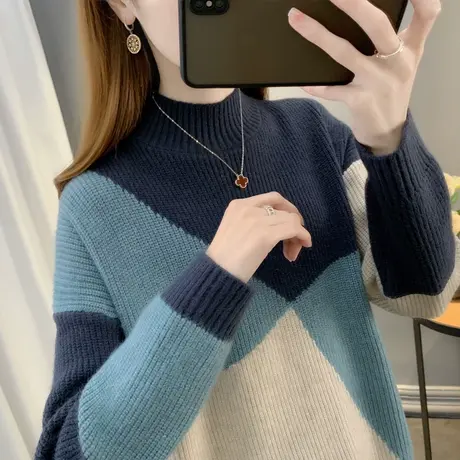 半高领毛衣女加厚打底衫2023秋冬新款宽松慵懒风针织衫内搭上衣潮商品大图