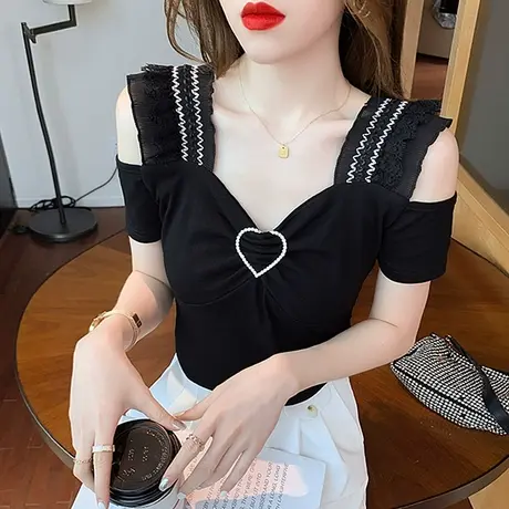 女装2024新款潮性感露肩V领T恤女短袖夏蕾丝拼接上衣洋气显瘦小衫商品大图