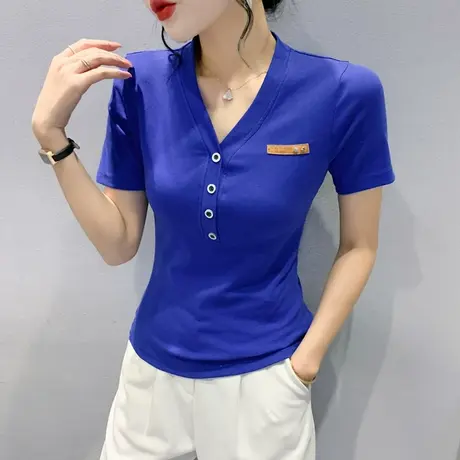 欧货V领短袖t恤女2024夏季新款纯色百搭半袖小衫时尚洋气纽扣上衣商品大图