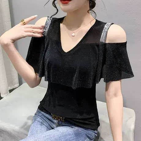 性感网纱小衫女夏季2024新款时尚露肩V领T恤短袖气质荷叶边上衣女商品大图