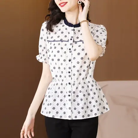 今年流行爆款上衣2023年夏季新款短袖印花衬衣宽松遮肚子上衣女图片