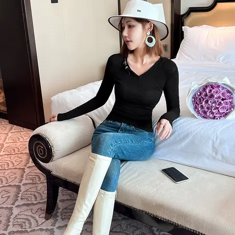 性感显身材内搭长袖针织打底衫女显瘦气质休闲V领上衣T恤百搭秋季商品大图