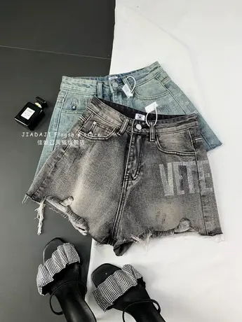 水洗磨破烫钻牛仔短裤女2023夏季新款显瘦百搭高腰裤辣妹阔腿短裤商品大图