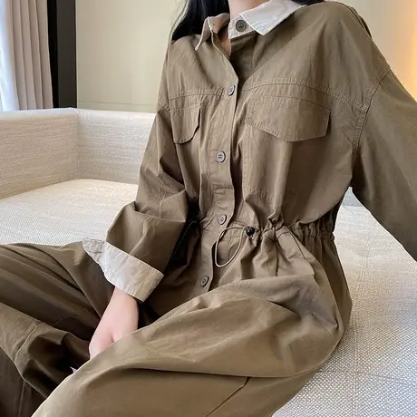 美式休闲高腰连衣裤女秋季新款宽松显瘦直筒盐系工装阔腿连体裤子商品大图
