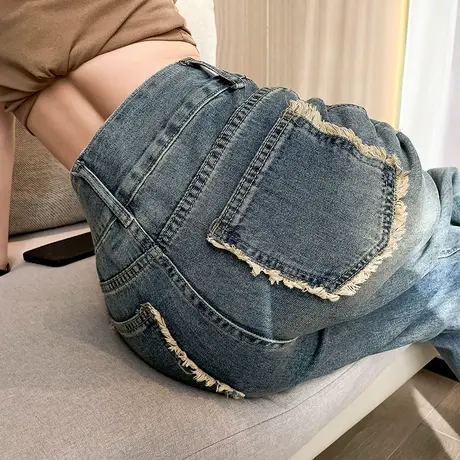 窄版阔腿牛仔裤女春秋新款高腰复古宽松显瘦ins毛边做旧直筒裤潮商品大图