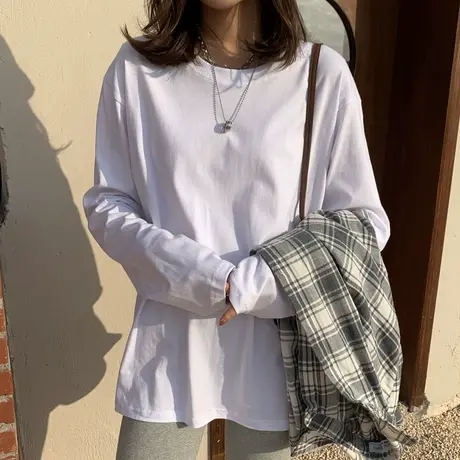 纯棉21韩国ins复古基础款纯色春季打底衫内搭男女长袖T恤bf风商品大图