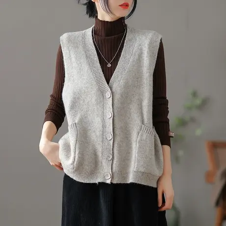 dza 文艺复古V领针织马甲女士短款外搭外套女装春秋上衣百搭马夹图片
