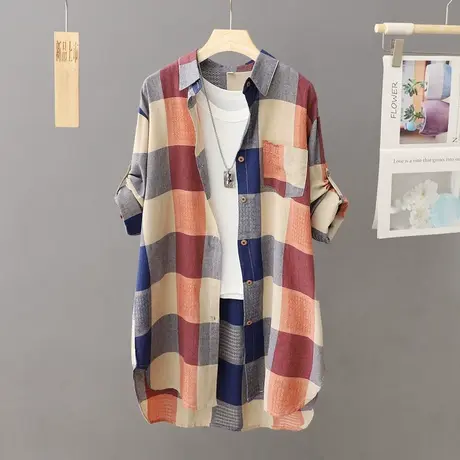 春秋大格子衬衫外套女士中长款宽松休闲外搭衬衣2024秋季新款开衫商品大图