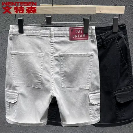 纯棉多口袋潮牌纯色牛仔短裤男修身弹力宽松休闲黑白色五分裤子男商品大图