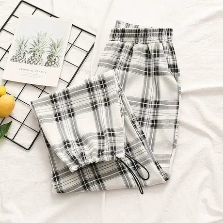 棉质黑白格子裤女夏季薄款小个子九分运动裤宽松束脚显瘦休闲裤子商品大图