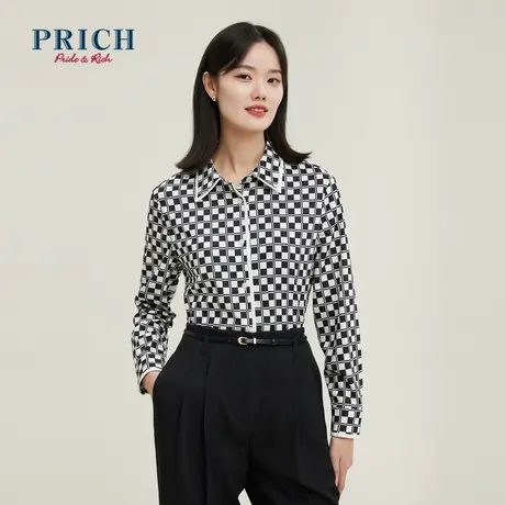 PRICH商场同款衬衫新品秋冬新款黑白撞色棋盘格小翻领上衣女商品大图