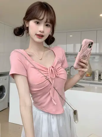 V领抽绳甜辣短袖T恤女夏季新款修身设计感小众不规则紧身辣妹上衣商品大图