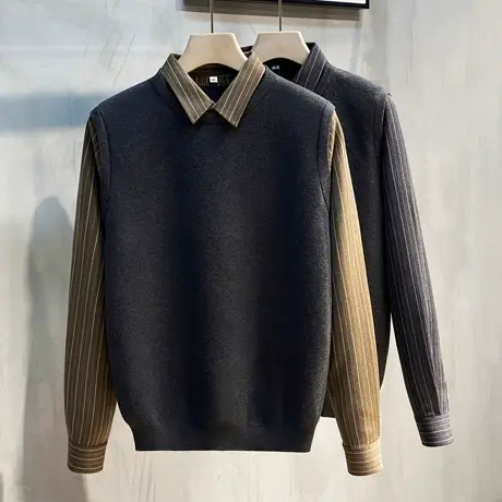 2023年秋冬新款假两件毛衣男韩版潮流针织衬衫领上衣外套加绒加厚商品大图